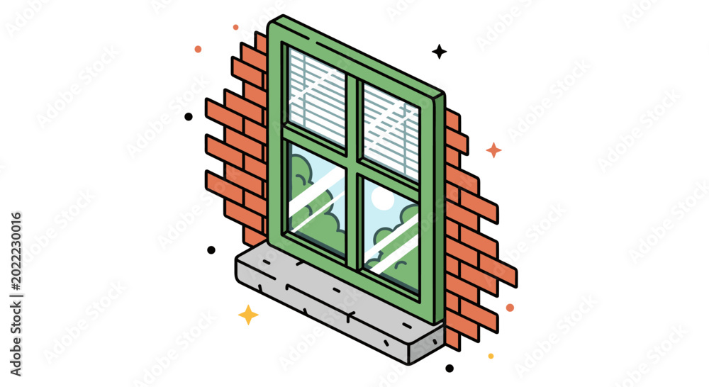 Obraz premium An isometric illustration of a green-framed window with a brick wall, featuring a view of nature