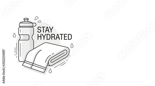Stay hydrated conceptual outline illustration with water bottle and gym towel.