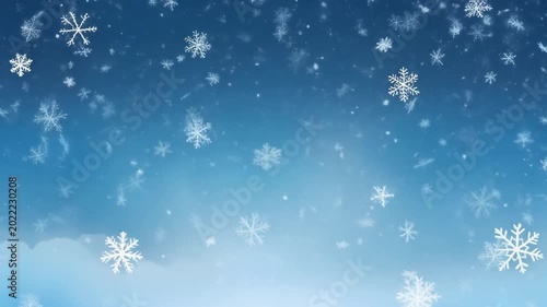 slow falling snowflakes with wide empty blue sky, perfect copy space at top, subtle snow motion, ultra realistic, 4k, 5 seconds, stable footage, clean background, no logo