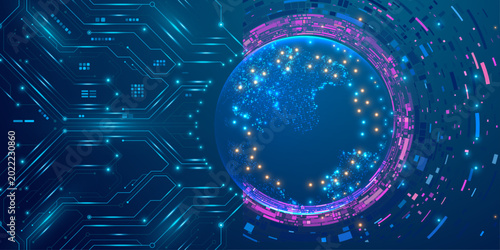 Photos Digital circuitry wraps around a glowing sphere