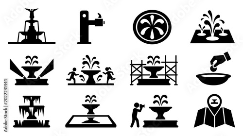 Tableau sur toile City Fountain and Public Water Feature Silhouette Icons Set
