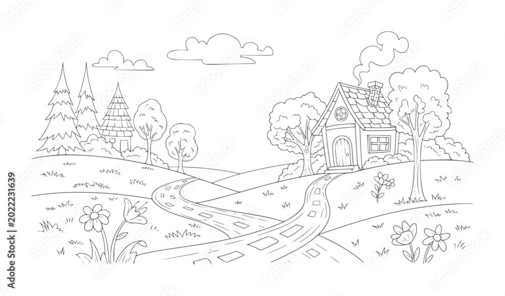 Obraz premium Whimsical cartoon landscape with a winding path leading to a storybook house trees