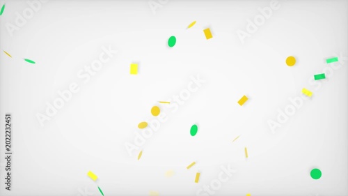 Colorful geometric confetti shapes falling and changing color against a white background
