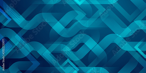 Fotografie Dynamic blue composition of interconnected wavy lines and geometric squares forming complex technological network pattern