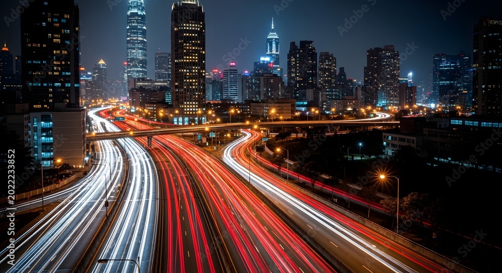 Fototapeta premium Dynamic urban nightscape with a blur of vibrant light trails from busy highway traffic, showcasing the energetic flow of modern city life amidst illuminated architectural skyscrapers