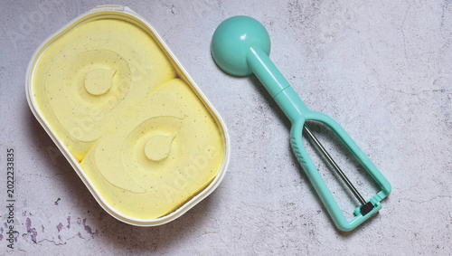 Принти на полотні Vanilla ice cream, zenith view and copy space. Green background.