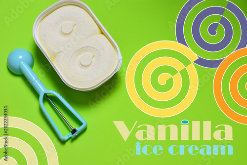 Vanilla ice cream, zenith view and green background.