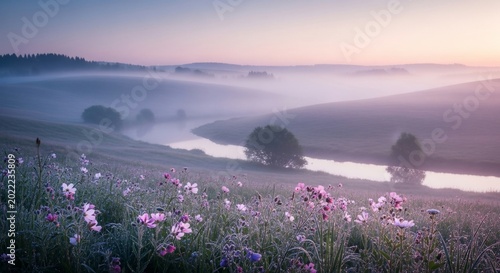 Misty landscape with wildflowers and river