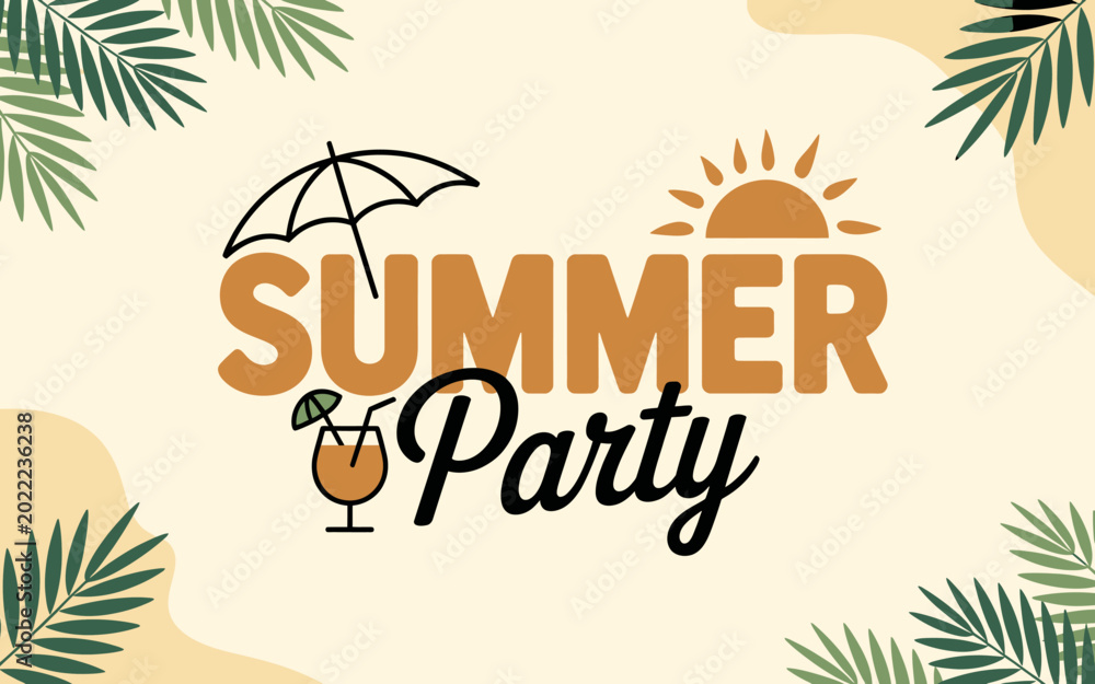 Obraz premium Colorful summer party invitation design with palm leaves and sun illustration