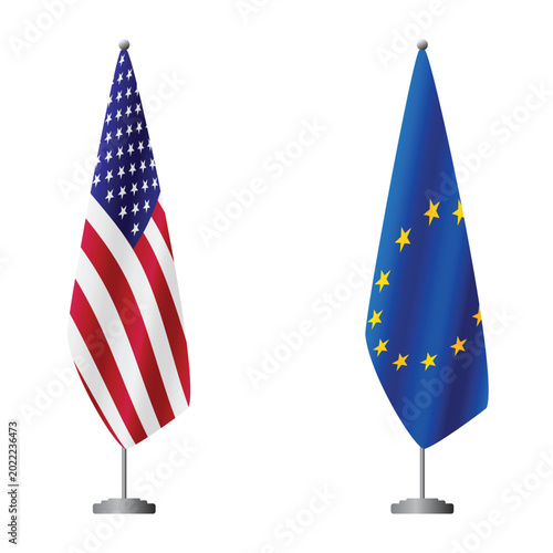 Canvastavla United States and European Union flags on flagpoles for official ceremonies and