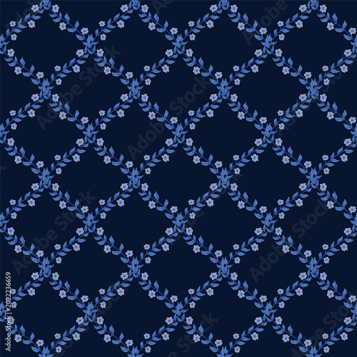 blue preppy Floral whimsy cottagecore damask seamless pattern flower vines background fabric textile