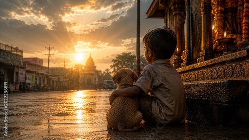 Lonely Boy Hugging Stray Puppy at Rainy Sunset Street in India