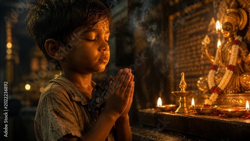 Young Indian Boy Praying in Hindu Temple with Candle Light and Spiritual Devotion