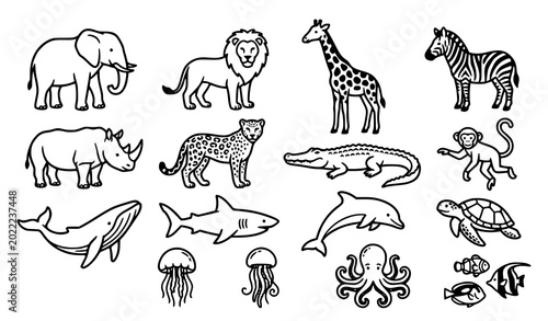 Photography Cartoon African Fauna and Marine Creature Silhouette Vector Set