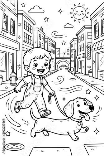 Boy walking with a dachshund coloring page