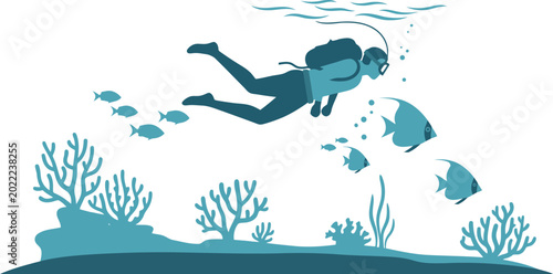 Scuba diver swimming with fish and coral reef