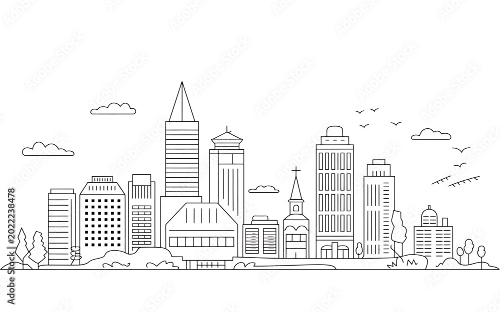 Fototapeta premium Vector illustration of a modern city skyline with various buildings and clouds