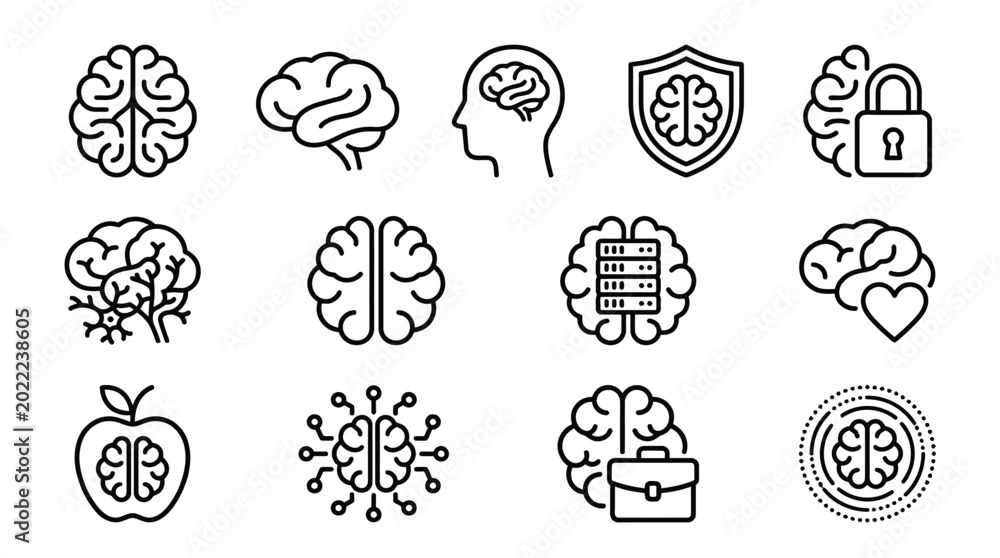Fototapeta premium Brain icons represent various concepts of human cognition, mental health, digital intelligence, and protection.