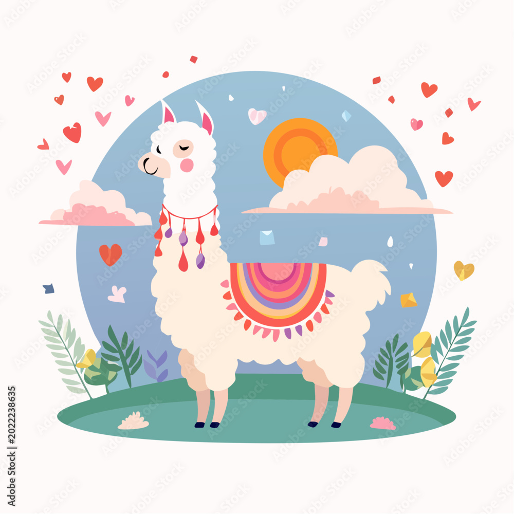 Fototapeta premium Cute Llama with Colorful Blanket and Hearts