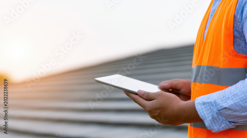 Professional roof inspector using tablet for inspection on rooftop at sunset with safety vest and blue shirt