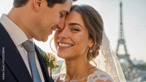 Happy newlywed couple smiling in Paris. Close-up of a bride and groom embracing with the Eiffel Tower in the background. Destination wedding and romance concept