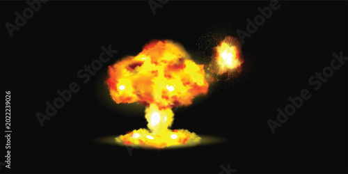 Foto Cartoon nuclear explosion and fire spark illustration isolated on black background