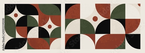 stylish mid century modern geometric composition featuring retro shapes, earthy terracotta, olive green palette, black,  distressed paper texture. Contemporary Bauhaus-inspired aesthetic for branding