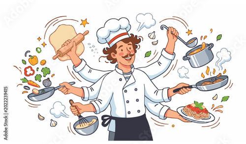 Quadro su tela Talented multitasking kitchen chef cartoon vector illustration with multiple coo