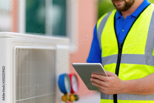 Technician heat pump tablet gauge HVAC maintenance repair air conditioning service worker uniform safety vest blue shirt