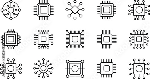 Tableau sur toile Microchip and Electronic Processor Line Icon Set Featuring Central Processing Un
