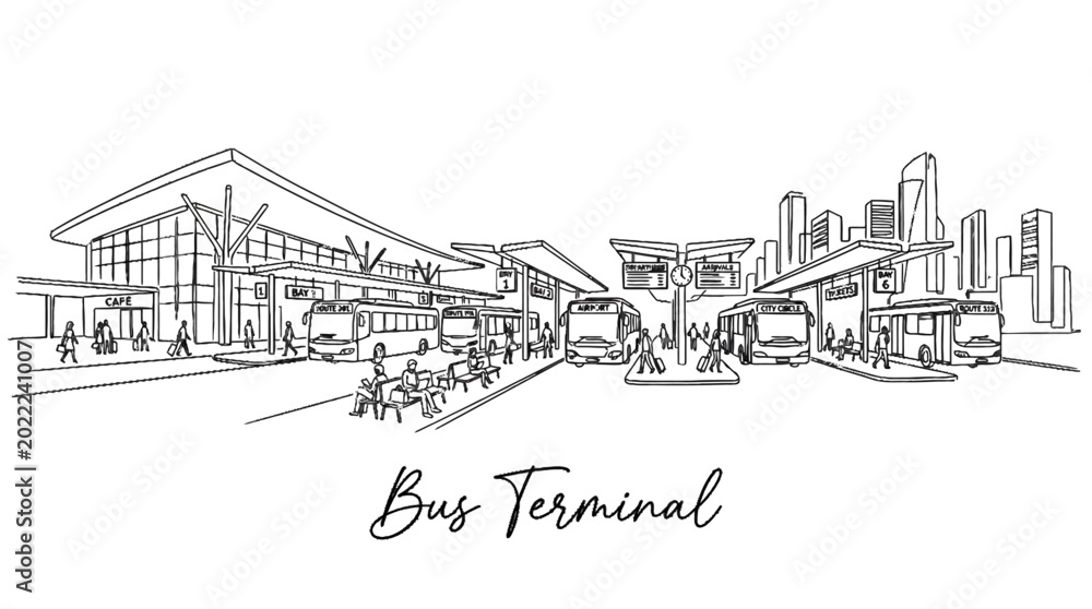 Fototapeta premium Modern bus terminal with multiple platforms and urban skyline backdrop