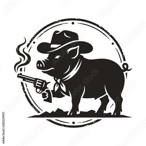 Black and white illustration of a cool pig cowboy with a smoking gun