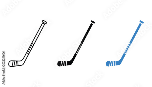 Photography Ice hockey stick icons in line art solid black and blue color variations for spo