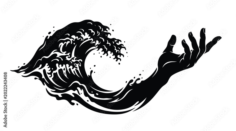 Fototapeta premium Black silhouette illustration of a human hand merging into a powerful ocean wave flowing motion
