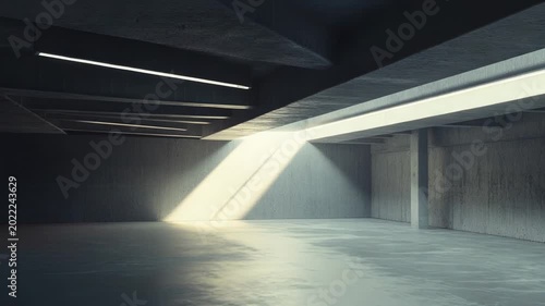 Empty interior of a modern industrial concrete space featuring clean brutalist architecture, minimal design, and natural light casting strong beams across the floor