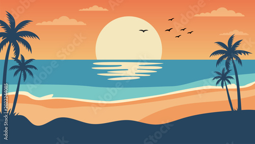 Fotografía Beautiful tropical beach landscape with palm trees at sunset, with a large sun a