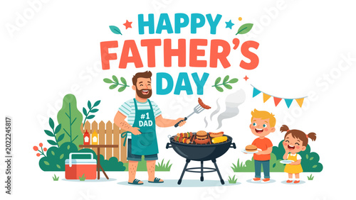 Φωτογραφία Happy Father's Day: A cheerful illustration captures a Father's Day scene with a father grilling, attended by his children, and celebratory decorations, all bathed in a warm and inviting atmosphere