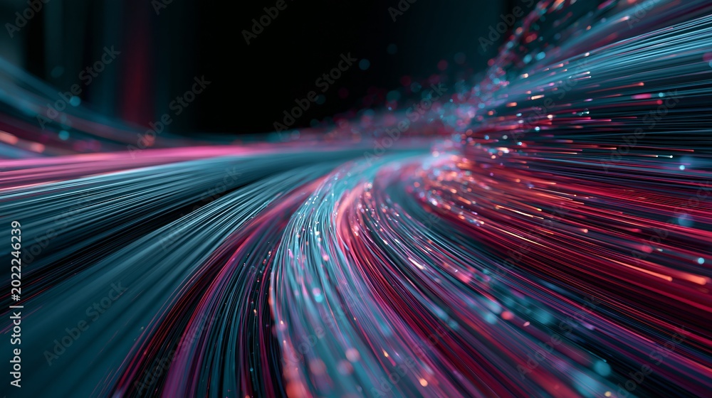 Fototapeta premium A vibrant abstract image of colorful digital lines and dots moving in a futuristic curved motion