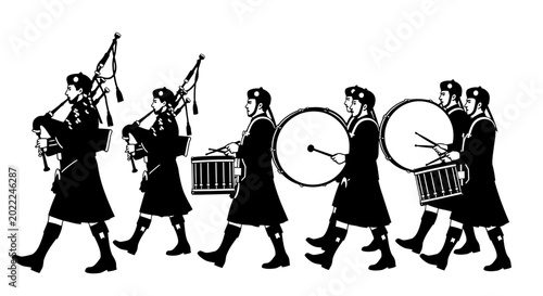 Silhouette of marching band performing with bagpipes and drums in unison on white background