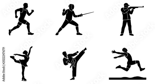 Foto Diverse Sports Silhouettes: Runner, Fencer, Shooter, Ice Skater, Karateka, Long