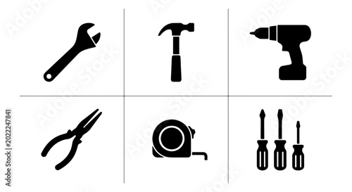 Photos Set of 6 Black Silhouette Tools: Wrench, Hammer, Drill, Pliers, Tape Measure, Screwdrivers