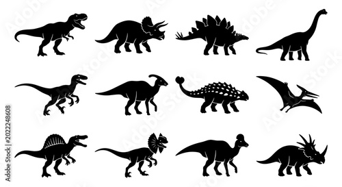 Foto Dinosaur Silhouettes Collection, Prehistoric Reptile Icons Set, Jurassic Era Cre