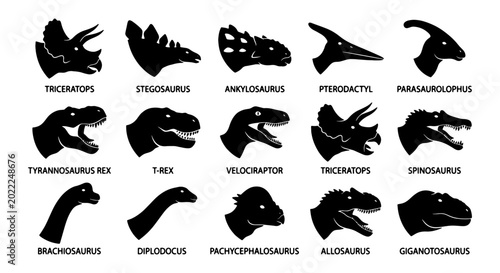 Foto Diverse Dinosaur Silhouettes Collection, Prehistoric Reptile Icons, Jurassic Era