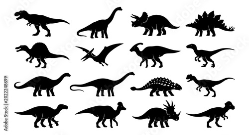 Obraz na płótnie Dinosaur Silhouettes Collection, Prehistoric Reptile Icons, Jurassic Era Creatur