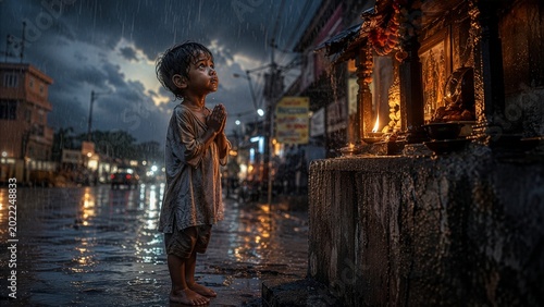 Young Boy Praying in Rain at Hindu Shrine During Dramatic Night Street Scene