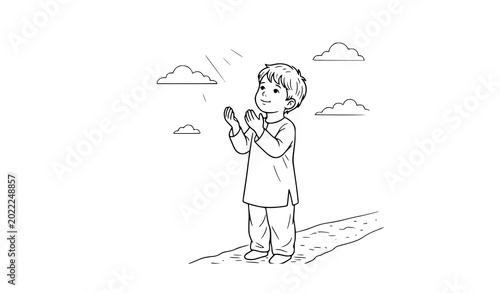 Schilderij op canvas ​Innocent little child looking up at the sky with raised hands in a prayerful ge