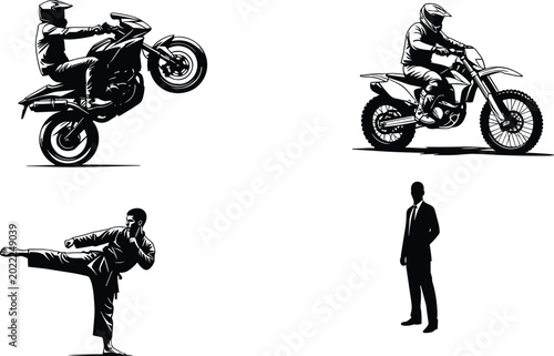 Tableau sur toile Set of black silhouettes featuring a motocross rider performing a wheelie a dirt