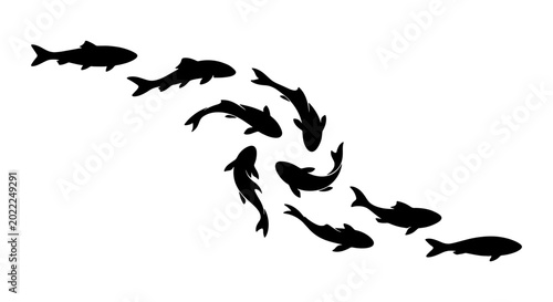 Foto School of Silhouetted Fish Swimming in Formation, Aquatic Wildlife Vector Art, U