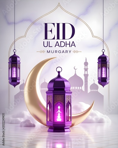 Eid ul adha murgary celebration with purple lanterns and crescent moon on a marble background with mosque silhouette