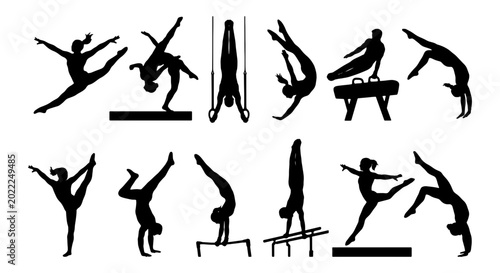 Foto Gymnastics Silhouette Set: Dynamic Athletes in Action, Artistic Poses, Floor Exe